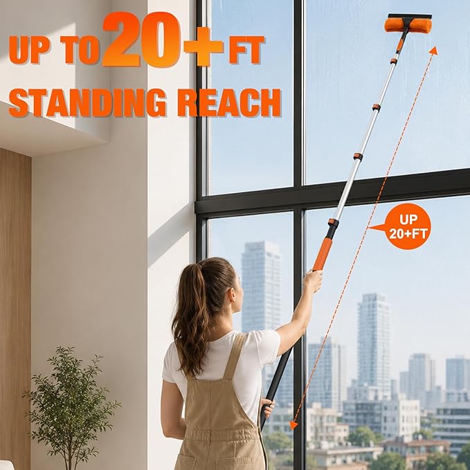 LAANPOLE 26FT Window Squeegee with Extension Pole, 2-in-1 Squeegee for Window Cleaning, Professional Cleaning Kit for Home with 20FT Telescoping Pole for Outdoor Indoor Use