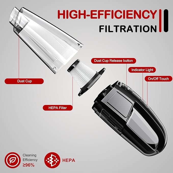 BSRCO Handheld Vacuum Cordless 8000PA, Car Vacuum Portable Cordless 30 Mins Runtime & Under 70dB Quiet, Hand Held Vacuum Cleaner, 1.4lbs Hand Vacuum Cordless for Car/Home/Office, Pet Hair