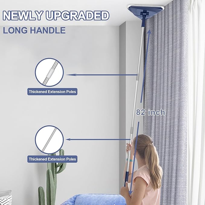 Wall Cleaner Mop with 82" Handle, 360° Rotating Triangle Head and Microfiber Pads, Built-in Squeegee for Ceiling Mop, Baseboard Cleaning and Windows
