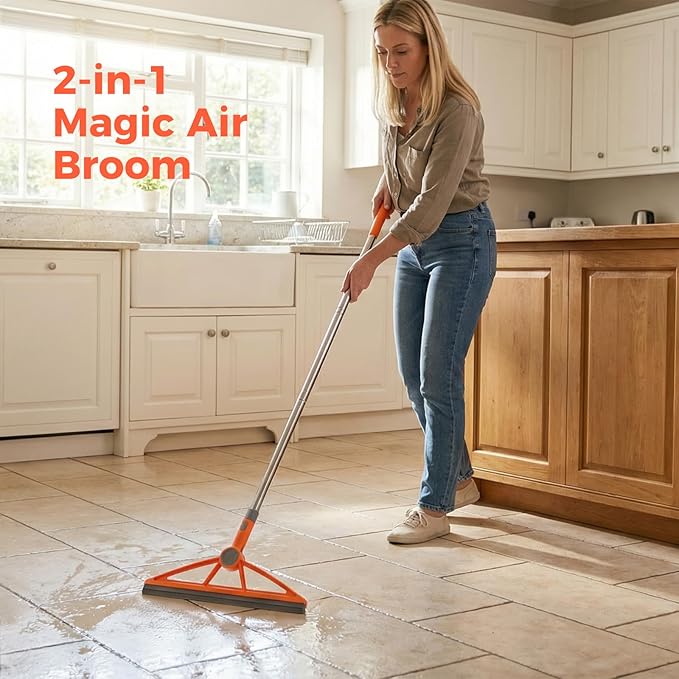wlich 2-in-1 Air Broom, 180° Rotating 54 Inch Adjustable Silicone Rubber Broom Includes 2 Scraping Strips, Sweep and Silicone Tools with Long Handle for Cleaning Bathrooms,Glass,Tiles,Pet Hair