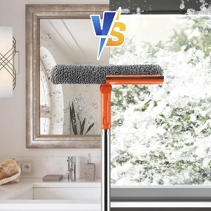 Professional 2 in 1 Window Squeegee with 68" Long Stainless Steel Handle,Microfiber Cloth and Rubber Car Window Squeegee for Gas Station, Glass,Shower