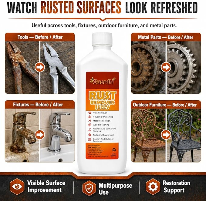 GuardH Rust Remover Jelly, 12 oz | Multi-Purpose Gel for Metal Surfaces, Auto Parts, Household Items, and Antiques