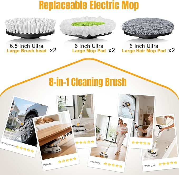 Cordless Electric Mop for Dewalt 20V Battery (NO Battery), 2 in 1 Spin Mop & Electric Floor Scrubber Machine with LED Light & Water Spray, 800 RPM Rotating Electric Mops for Floor (White Yellow)
