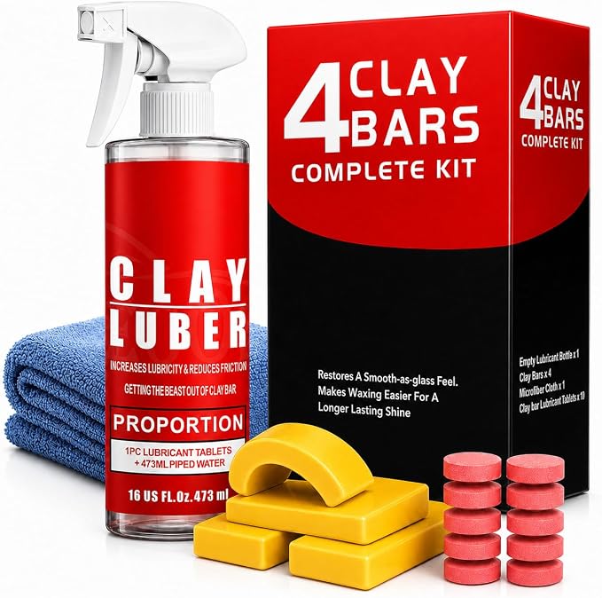 4-Piece Premium Clay Bar Car Detailing Kit - 16oz Clay Lubricant Spray & 10 Lubricant Tablets, Safe for Paint, Glass, Wh