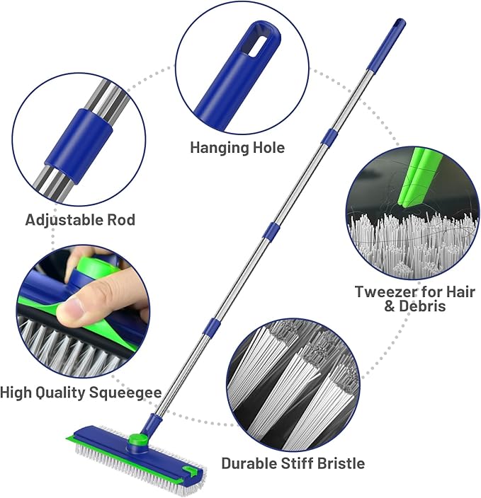 Floor Scrub Brush with Long Handle: 3 in 1 Heavy-Duty Floor Scrubber Brush with Squeegee for Cleaning Tile Bathroom Deck Kitchen Patio - Blue