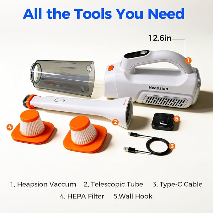 Heapsion Handheld Vacuum Cleaner Cordless, 7000Pa Suction, Portable Pet Hair Vacuum, 30-Min Runtime Rechargeable Type-C, Lightweight with Telescopic Tube for Car, Home & Office, with Telescopic Tube