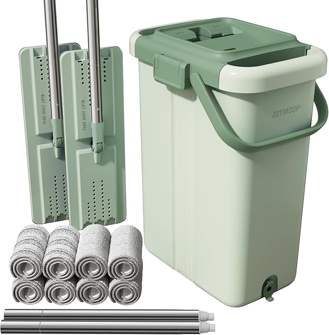 JOYMOOP Flat Mop System, Microfiber Mop and Bucket Set, Green, Household & Commercial Floor Cleaning Mop, Includes 2 Mops and 8 Large Microfiber Pads