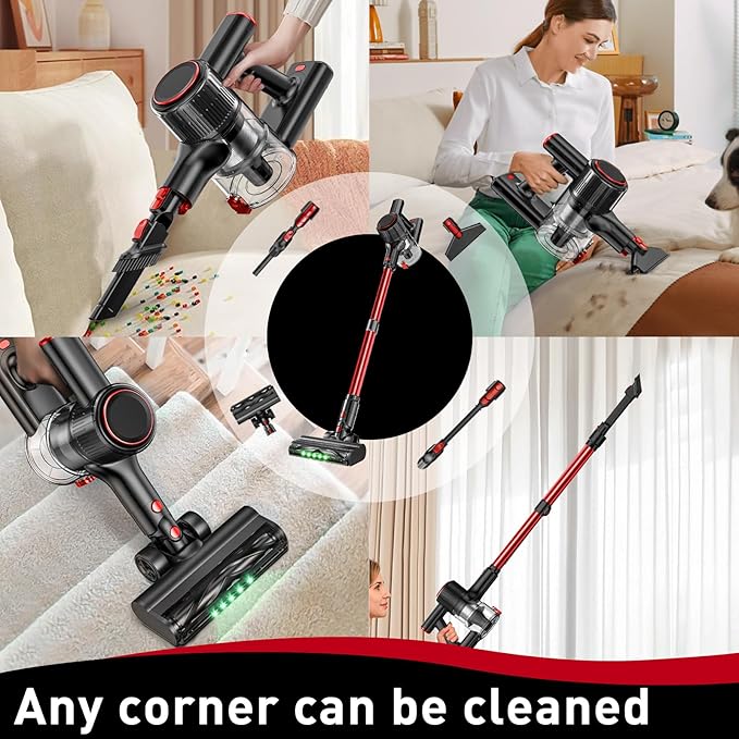 Cordless Vacuum Cleaner, 45KPA Stick Vacuum, 45Mins Runtime, 8-in-1 Anti-Tangle Vacuum Cleaners for Home with LED Display, Rechargeable Lightweight Vacuum for Pet Hair/Carpet/Floor