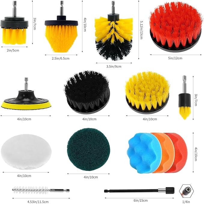 22 Pcs Drill Attachments Set, Scrub Pads & Sponge & Wire Brush, Power Scrubber with Extend Long Attachment, Drill Scrubber Brush Kit for Bathroom, Floor, Car, Grout