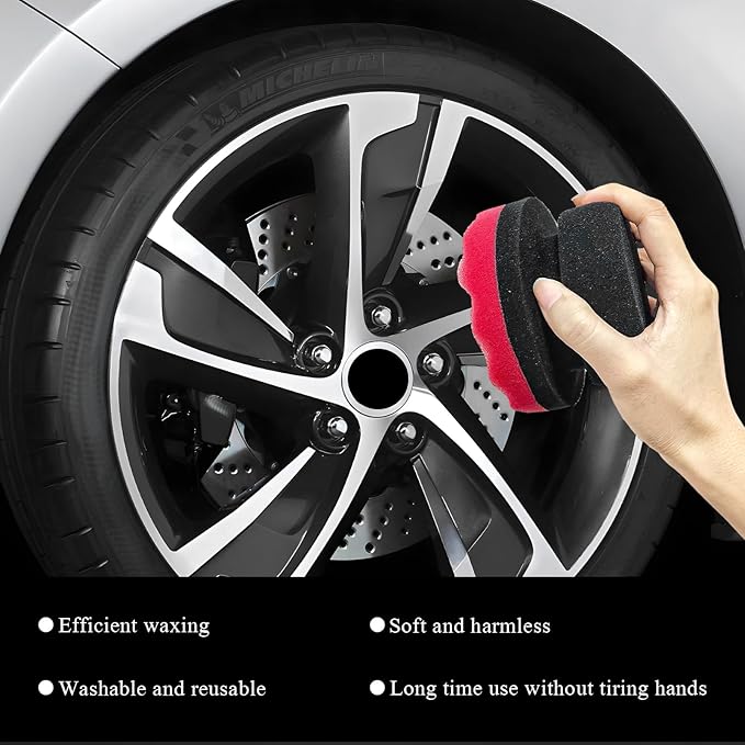 KVAEY 2 PCS Tire Dressing Applicator Pads, Reusable Hex Grip Tire Shine Applicator Polishing Sponge Pads, Wheel Tire Shine Detailing Foam for Most Vehicles, Car Accessories (Red, 4.33")