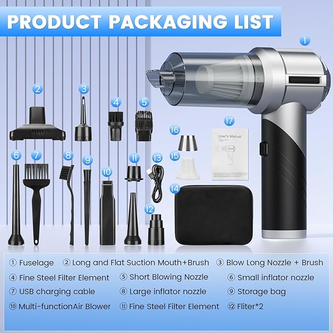 Car Vacuum Portable Cordless with 18000PA Super Suction, 4 in 1 Portable Air Blower/Car Vacuum 90°Foldable Handheld Rechargeable Brushless Motor, Gifts for Men for Home, PC
