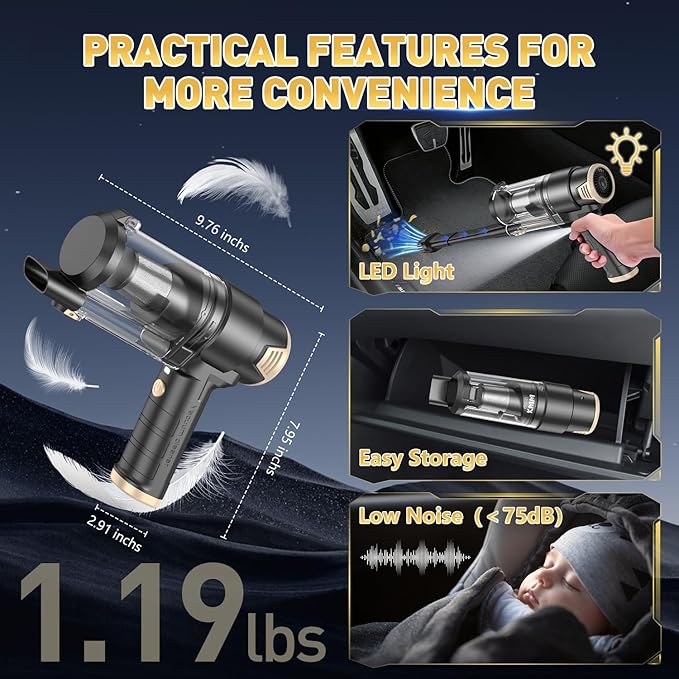 KMM Handheld Car Vacuum Cleaner, 16000PA Air Duster & Vacuum Cleaner, 120W High Power Hand Held Vacuum Cordless, Portable Vacuum Rechargeable with Multi-Nozzles & LED Light for Car, Home, Pet, Office