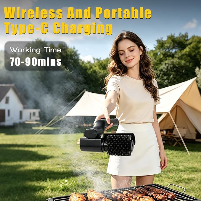 Electric Grill Brush, Cordless Rechargeable BBQ Cleaning Brush, 180° Adjustable Power Scrubber, 2-Speed Waterproof Grill Cleaner with Replaceable Brush Heads for BBQ Grates & Outdoor Cooking