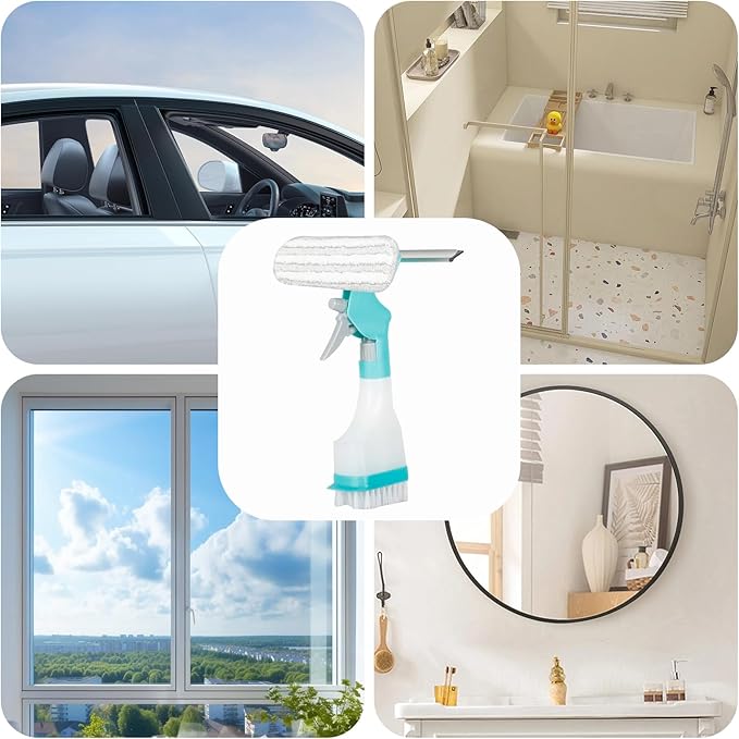 4 in 1 Window Cleaner Tool with Squeegee & Sprayer, 10" Streak-Free Scraper Kit, Portable Multifunction Refillable Bottle for Glass/Shower/Car (Blue)