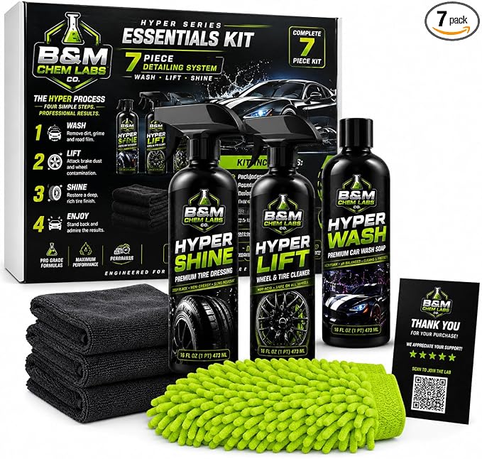 B&M Chem Labs Hyper Series Essentials Kit, 7-Piece Car Detailing System with Wash, Lift, and Shine
