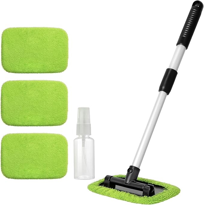 Qydipclin 11pcs Windshield Cleaner Tool, Car Window Cleaning Wash Kit with 6 Reusable Microfiber Pads 2 Spray Bottles and Extendable Handles Auto Glass Wiper Kit, Blue & Green