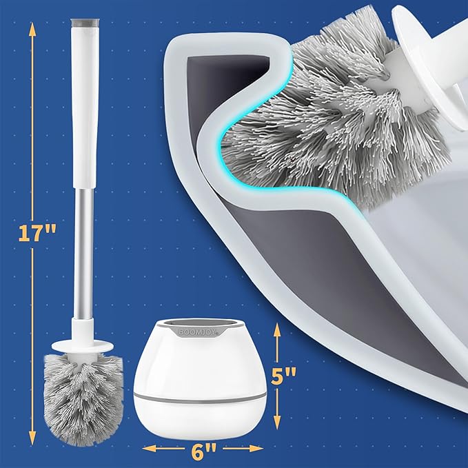 BOOMJOY Toilet Brush and Holder Set, Toilet Bowl Cleaner Brush, Toilet Scrubber Brush with Tweezers for Bathroom Cleaning, RV Accessories and House Organization Must-Haves - White