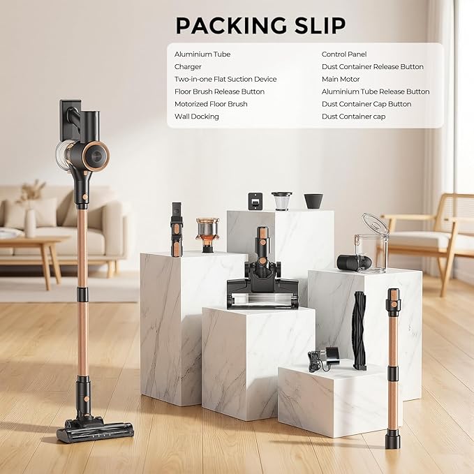 Cordless Vacuum Cleaner, Stick Vacuum with LED Display, Real-Time Battery Level Rechargeable Cordless Vacuum with 2 Adjustable Suction Modes, 40 Mins Runtime Handheld Vacuum for Home(Rose Gold)