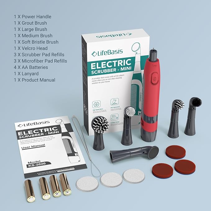 LifeBasis Cordless Electric Cleaning Brush, Mini Power Scrubber for Cleaning Waterproof Grout with 5 Brush Heads for Bathroom Kitchen Tile Crevice Corner - Red (Batteries Included)