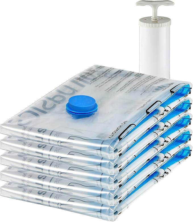 Amazon Basics Vacuum Storage Bags, Compression Space Saving for Clothes and Linens, Reusable with Hand Pump, Large, Clea