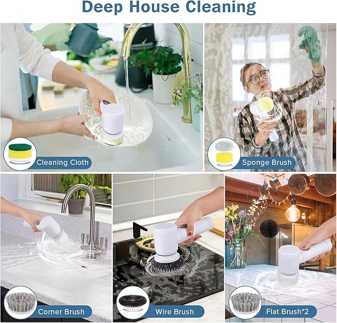 Electric Spin Scrubber - Shower Scrubber,Bathroom Scrubber Electric,for Cleaning Tub, Floor, Tile, Window, Sink, Kitchen Cleaning with 6 Electric Cleaning Brush Head (6)