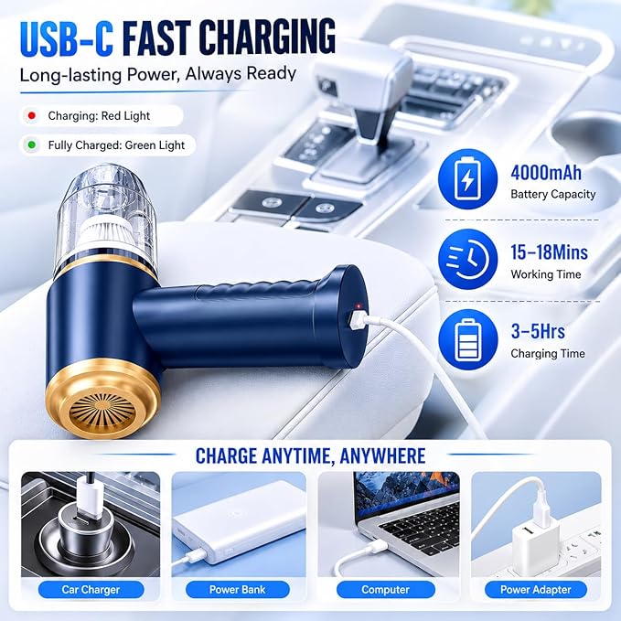 Car Vacuum Cleaner Cordless, 120W high Power Portable Mini Vacuum with 12000Pa Hand Held Vacuum Strong Suction, Electric Compressed Air Duster Blower for Car, Desk, Keyboard, Home