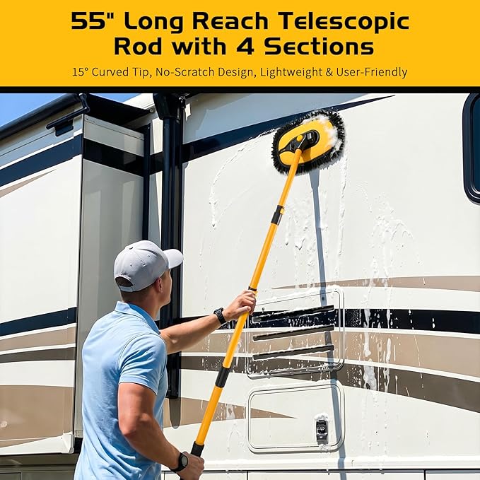Ordenado 57" Car Wash Brush with Long Handle, 15°Curved Chenille Microfiber Car Wash kit with Extension Pole & Replacement Head, RV Car Cleaning Washer, Scratch-Free Mop for Truck, SUV, Boat