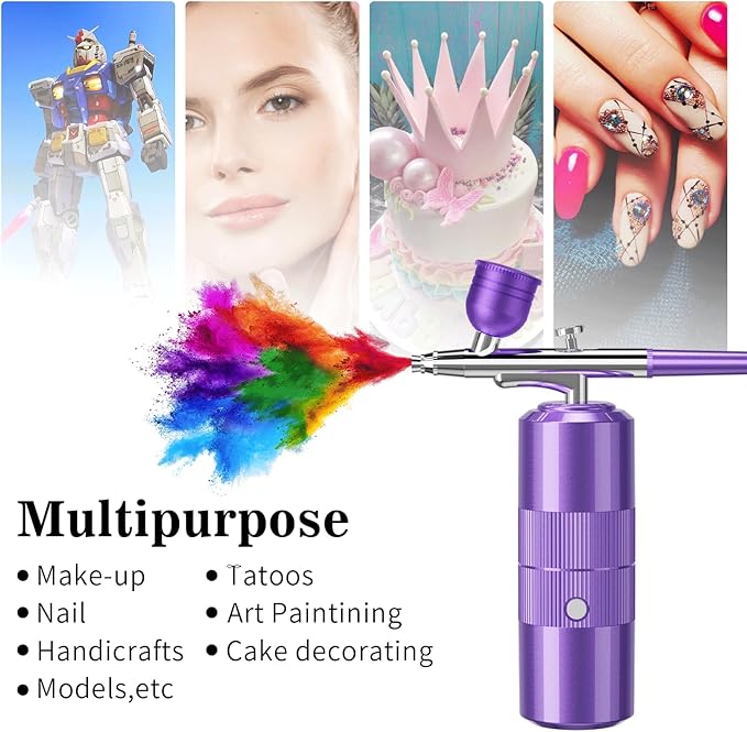 Airbrush Kit with Compressor Portable Airbrush Kit 48PSI High-Pressure Non-Clogging Air Brush Set Cordless Rechargeable with 0.3mm Nozzle and Cleaning Brush for Painting,Nail Art, Makeup (Purple)