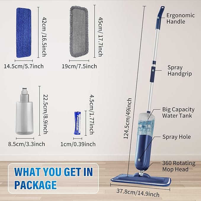 PowerMop for Floor Cleaning with 2 Washable Pads - Wet Dry Microfiber Mop with 720 ml Refillable Bottle for Kitchen Wood Floor Hardwood Laminate Ceramic Tiles Floors Dust Cleaning