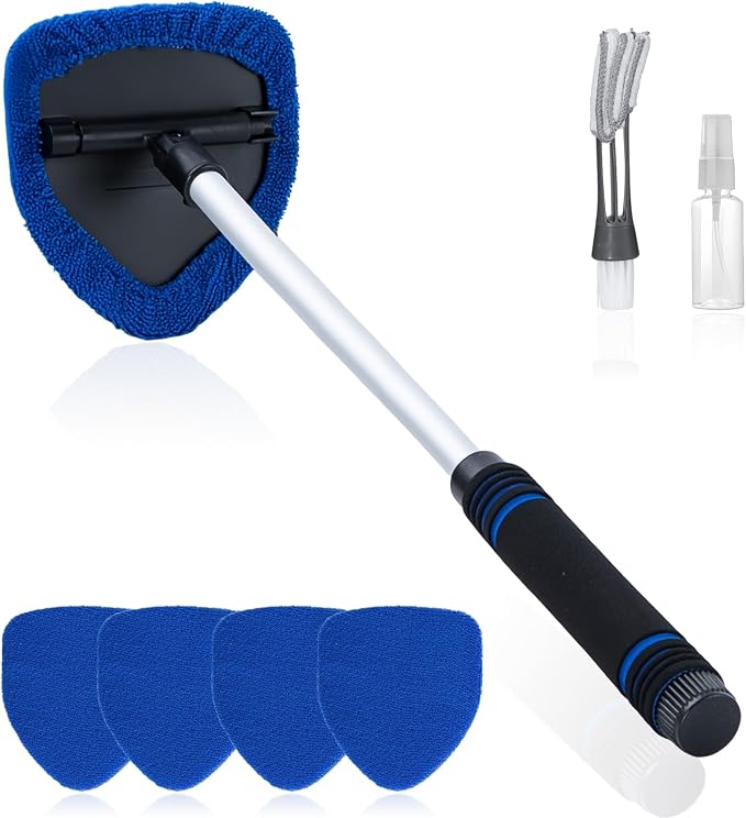 7 PCS Windshield Cleaning Tool, 19" Windshield Cleaner Kit with Extendable Handle, Microfiber Towel Pads, Brush, Empty S