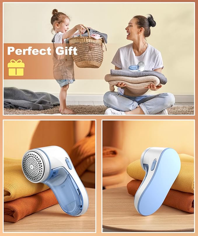 Fabric Shaver, Lint Remover for Clothes, Effectively and Quickly Remove Pills, Sweater Shaver with Stainless Steel 3-Leaf Blades and Safety Lock Protection.(Blue & White)