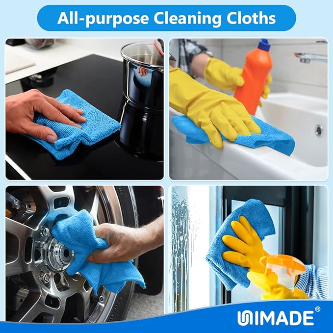 UNIMADE Shop Towels Rags, 150 Pack Reusable Shop Rags Bulk Microfiber Cleaning Cloth Lint Free Cleaning Towels for Car Kitchen Automotive Bar Mechanic Restaurant Garage, 11.5"x 11.5", Blue