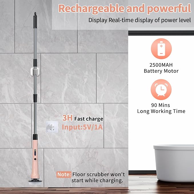 Electric Spin Scrubber, Hillyfe Bathroom Scrubber Electric with 7 Replaceable Brush Heads, IPX7 Waterproof,300/400 RPM, 3 Adjustable Length,Scrubber Brush Electric for Bathtub Floor,Pink