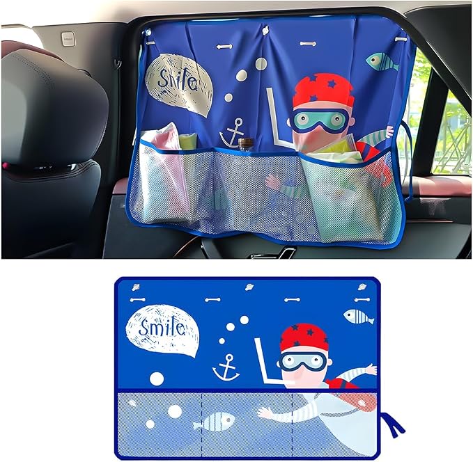 Car Window Shade, Vehicle Sunshade Curtain with Storage Pockets & Suction Cups for Baby, Cartoon Pattern Auto Interior H