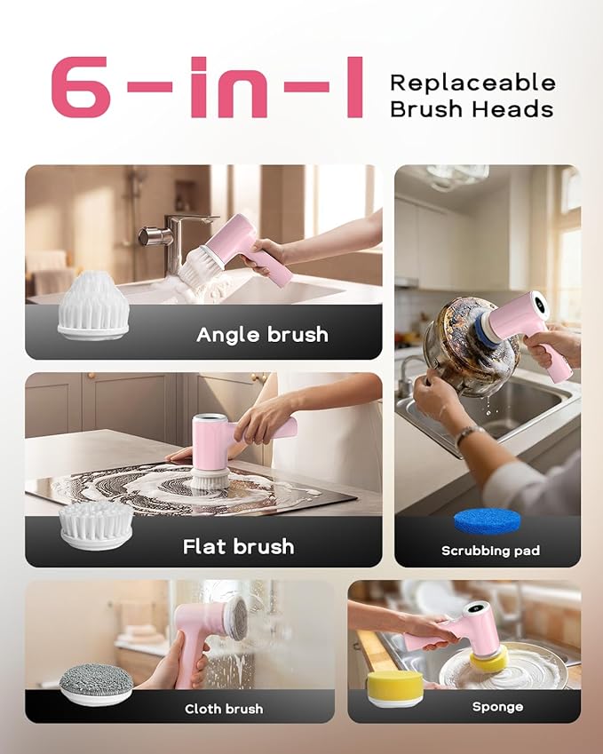 PUFTEM Electric Spin Scrubber for Bathroom Cleaning, Cordless Shower Scrubber with 6 Brush Heads, Dual-Direction Rotation, Handheld Cleaning Brush for Grout, Tile, Tub, Sink & Corners, Pink