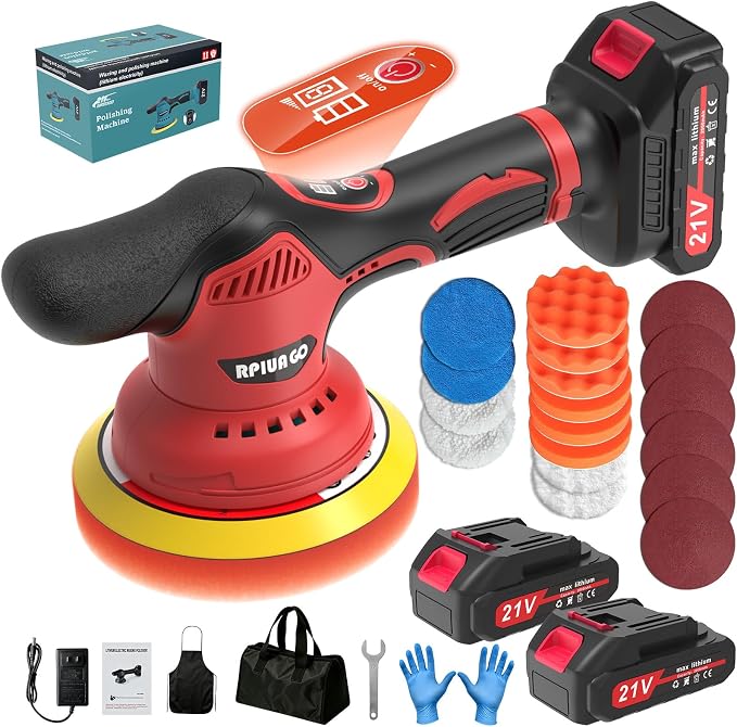 Cordless Car Buffer Polisher Kit (28pcs), 8-Speed 6000RPM, 2X21V Batteries