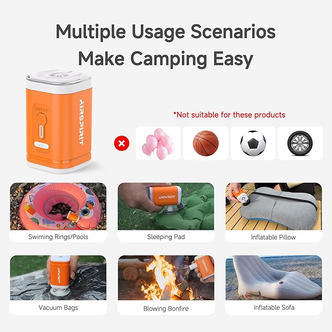 Portable Electric Mini Air Pump for Inflatables-Camping (SOS) Light,5 Universal Nozzles,Carabiner Clip,1200mAh Rechargeable-Fast Inflate/Deflate Pool Float/Air Mattress Bed/Vacuum Bag Home Storage