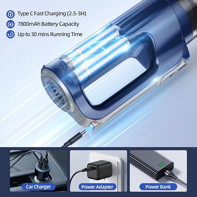 MONOZEL Car Vacuum Cleaner High Power, 18000Pa 2 in 1 Vacuum Cleaner&Air Duster, 130W Brushless Motor Handheld Vacuum Cordless with 7800mAh Battery, LED Light, Multi-Nozzles for Car, Home, Office, Pet