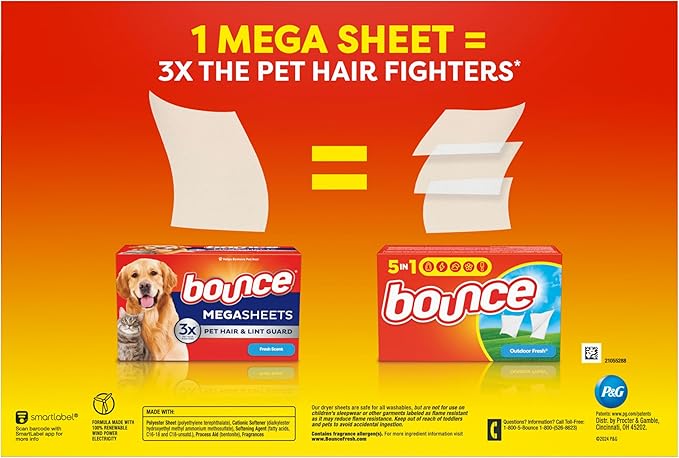 Bounce Pet Hair and Lint Guard Mega Dryer Sheets with 3X Pet Hair Fighters, Fresh Scent, 180 Count