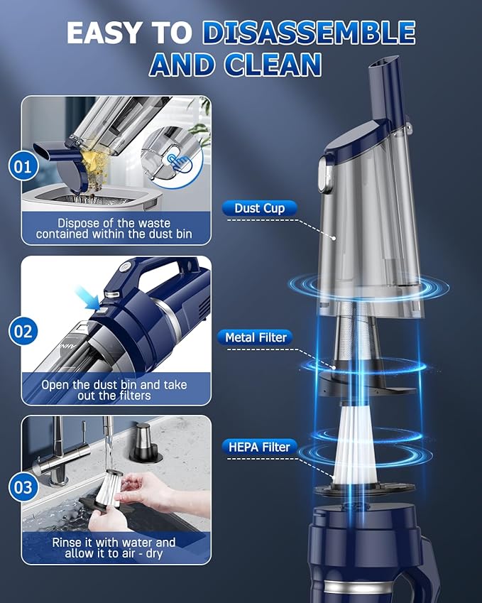 AHNR Handheld Vacuum Cordless, 16000PA Powerful Suction Hand Held Vacuum Dust Busters Cordless Rechargeable with LED Light & 2 HEPA Filters, Portable Car Vacuum Cleaner High Power for Car Home Office