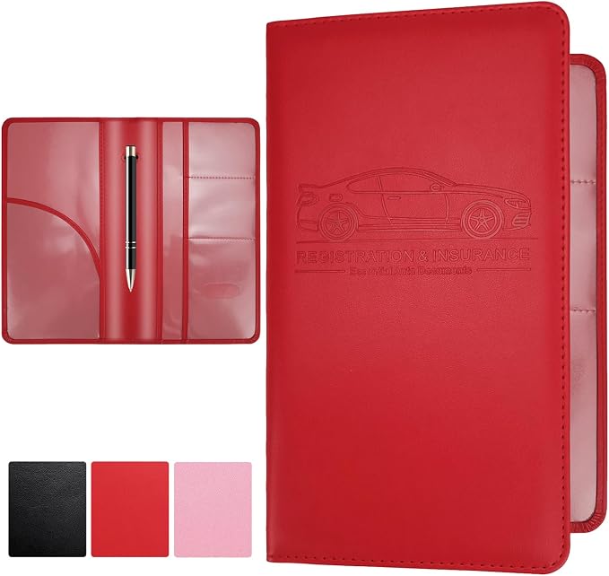 Car Registration and Insurance Card Holder, Leather License Document Red Glove Box Compartment Organizer, Car Wallet Cas
