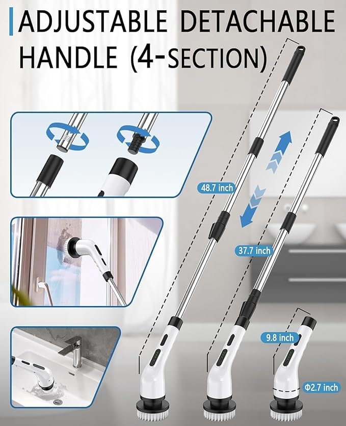 Electric Spin Scrubber for Cleaning Bathroom, Shower Scrubber Cordless Cleaning Brush with IPX7 Waterproof & 3 Speed, 9 Brush Heads, Bathroom Cleaning Supplies for Shower Tub Kitchen Tile Toilet Floor