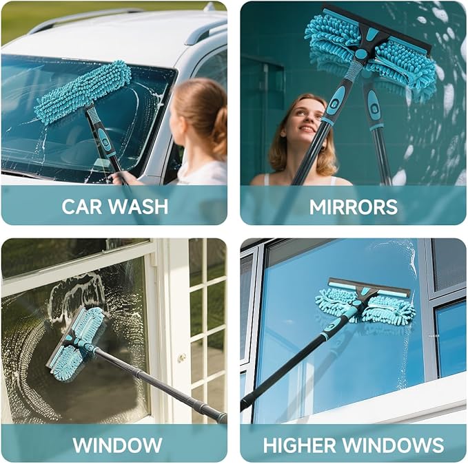 62" Window Squeegee, 2 in 1 Window Cleaning Tool with Telescopic Pole, Rotatable and Bendable Head for High Windows Indoor Outdoor, Includes 2 Blades & 2 Pads (Microfiber+Pads)