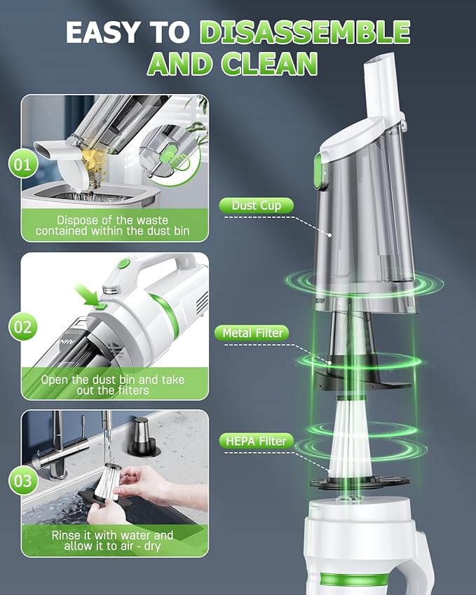 AHNR Handheld Vacuum Cordless, 16000PA Powerful Suction Hand Held Vacuum Dust Busters Cordless Rechargeable with LED Light & 2 HEPA Filters, Portable Car Vacuum Cleaner High Power for Car Home Office