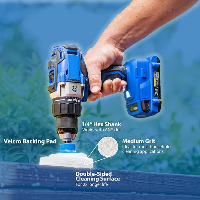 RotoScrub 7 Pack Multi-Purpose Drill Brush Kit for Cleaning Bathrooms, Showers, Tubs, Tile, Floors, Sinks, Toilets, Grout and Grime Removal, Reversible Blue and White Scrub Pads