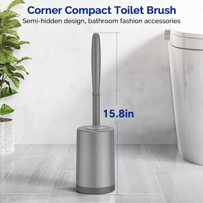 HAMITOR Toilet Bowl Brush Holder Set: Silicone Toilet Cleaner Brush with Curved Design Deep Cleaning Compact Hidden Scrubber for Bathroom Small Space - Modern Rv Toilet Decor Accessories - Gray