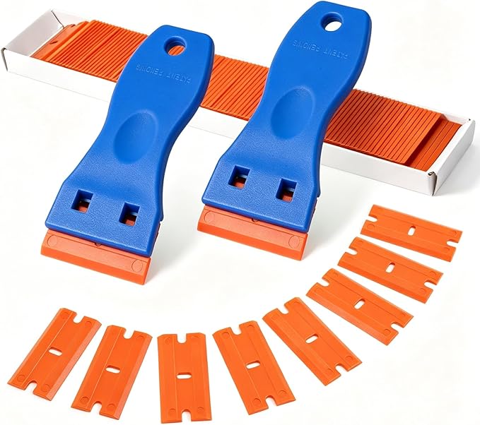 FOSHIO Plastic Razor Blade Scraper Include 2PCS Scraper Tool and 100PCS Blades for Gasket Remover, Labels Decal and Adhesive Remover for Windows and Glass