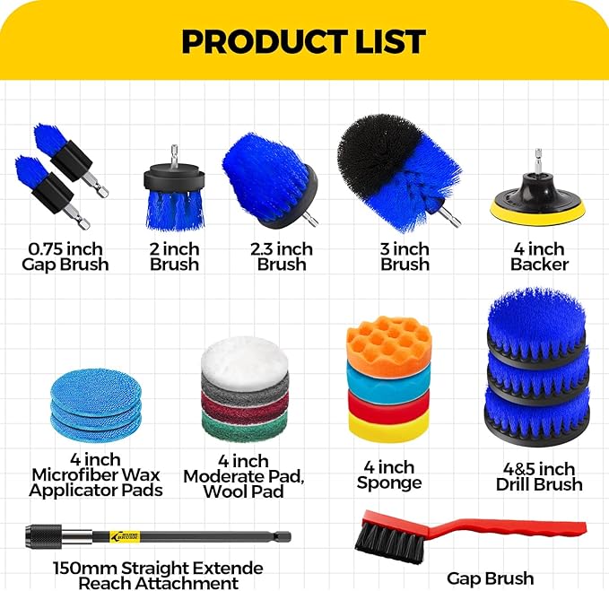 Holikme 22Pack Drill Brush Attachments Set, Scrub Pads & Sponge, Buffing Pads, Power Scrubber Brush, Car Polishing Pad Kit,Wax Applicator Pad,Car Cleaning Kit,Cleaning Supplies,Masonry Brushes(Blue)