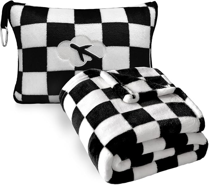 Travel Blanket and Pillow Compact, Premium Soft 2 in 1 Airplane Blanket with Soft Bag Pillowcase,Hand Luggage Sleeve and