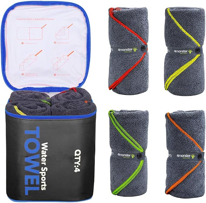 4Monster 4-Pack Quick Dry Microfiber Travel Towels – Super Absorbent, Ultra-Soft Camping Towel Set with Water-Resistant